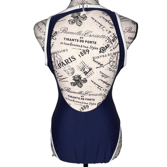 Vintage Jantzen One Piece Racerback Swim Suit Navy Blue Lime Green Retro Size 12 - Picture 11 of 11